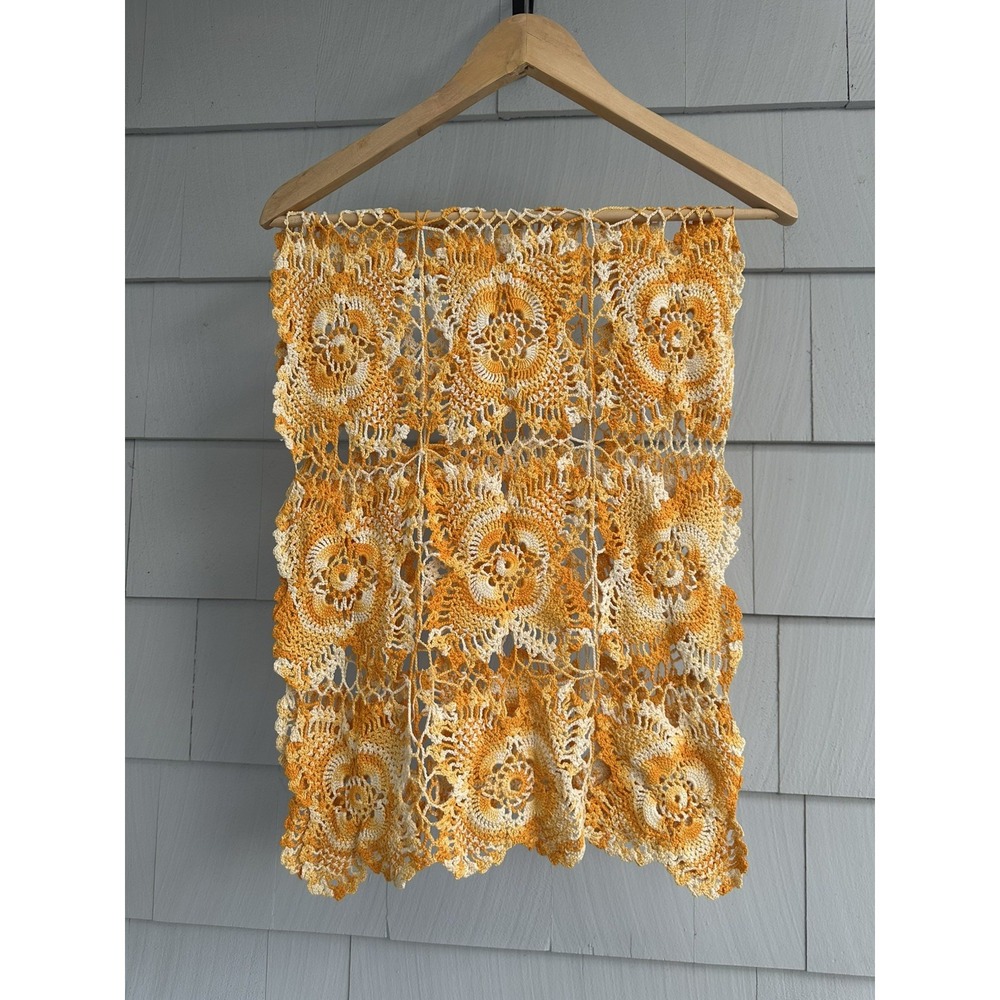 Handmade Crochet Dresser Scarf Table Runner Cotton Yellow Cream Floral 21x43